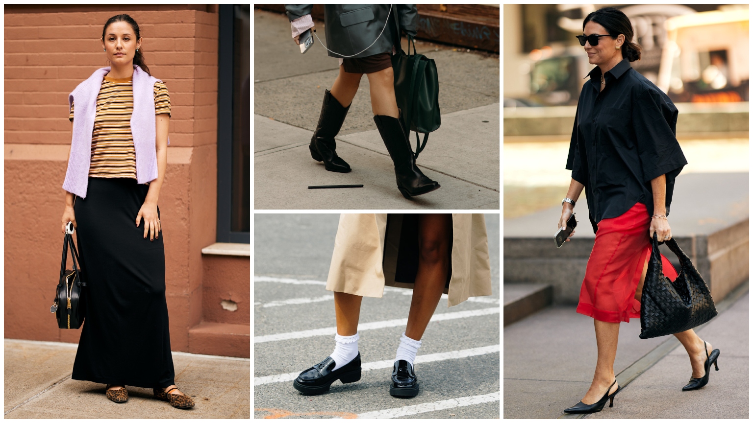 split image of fashion week spring 2026 attendees wearing fall shoe trends
