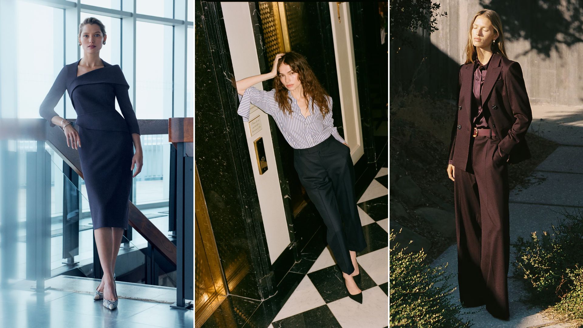 Three models wearing outfits by The Fold, With Nothing Underneath and Reiss