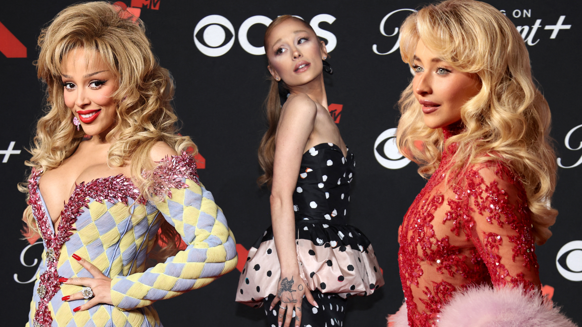Doja Cat, Ariana Grande, and Sabrina Carpenter at the 2025 mtv vmas