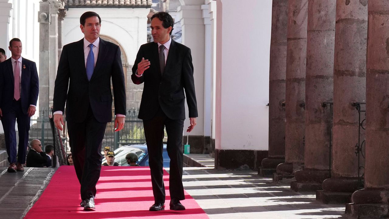 U.S. Secretary of State Marco Rubio, left, arrives to meet with Ecuador's President Daniel Noboa at the presidential palace in Quito, Ecuador, Thursday, Sept.. 4, 2025. (AP Photo/Jacquelyn Martin, pool)
