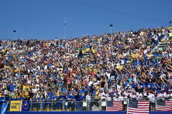 A general shot of the fans surrounding the first tee at Marco Simone during the 2023 Ryder Cup