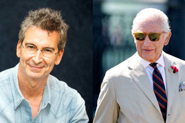 Frederico Marchetti wearing a denim shirt and glasses; King Charles wearing sunglasses and a beige suit with a red and blue striped tie