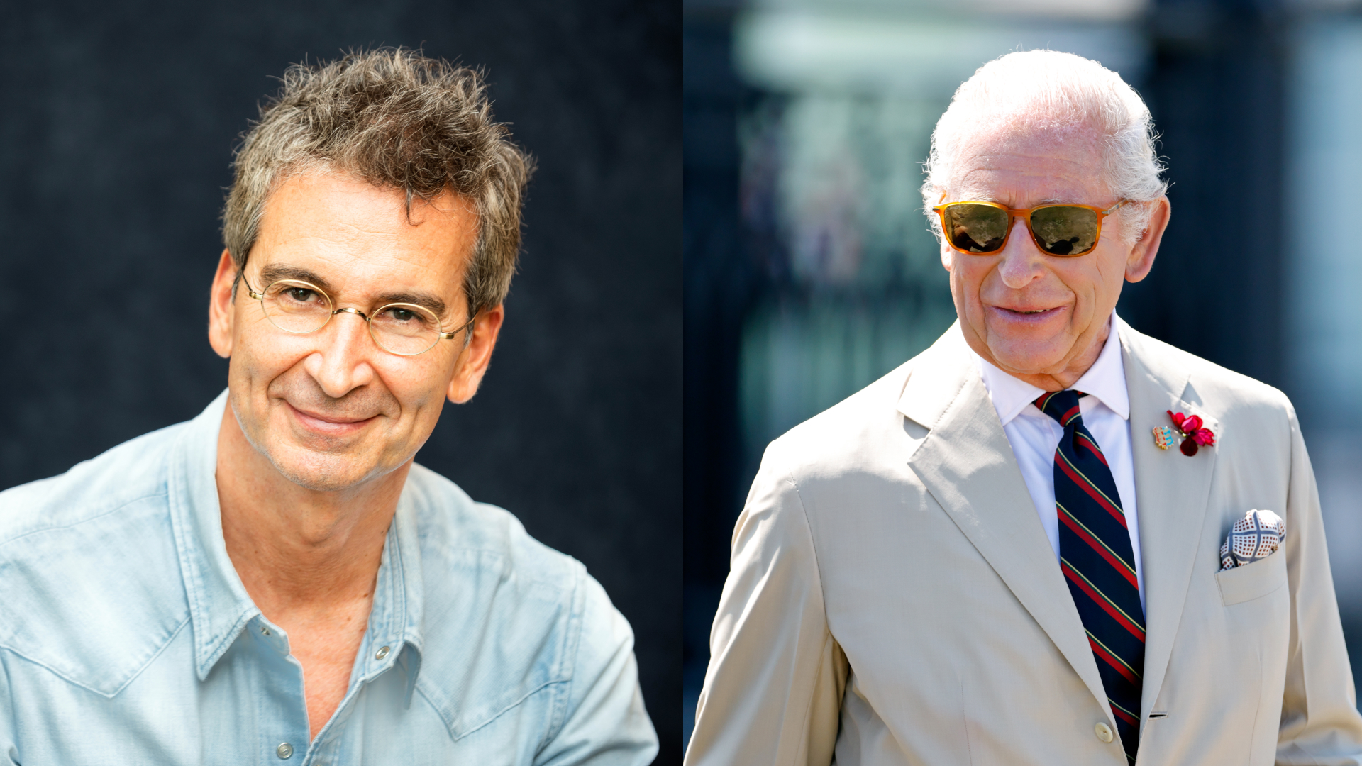 Frederico Marchetti wearing a denim shirt and glasses; King Charles wearing sunglasses and a beige suit with a red and blue striped tie