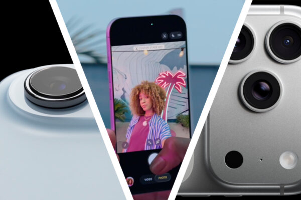 The iPhone Air next to a hand holding the iPhone 17 and taking a selfie, next to the iPhone 17 Pro cameras