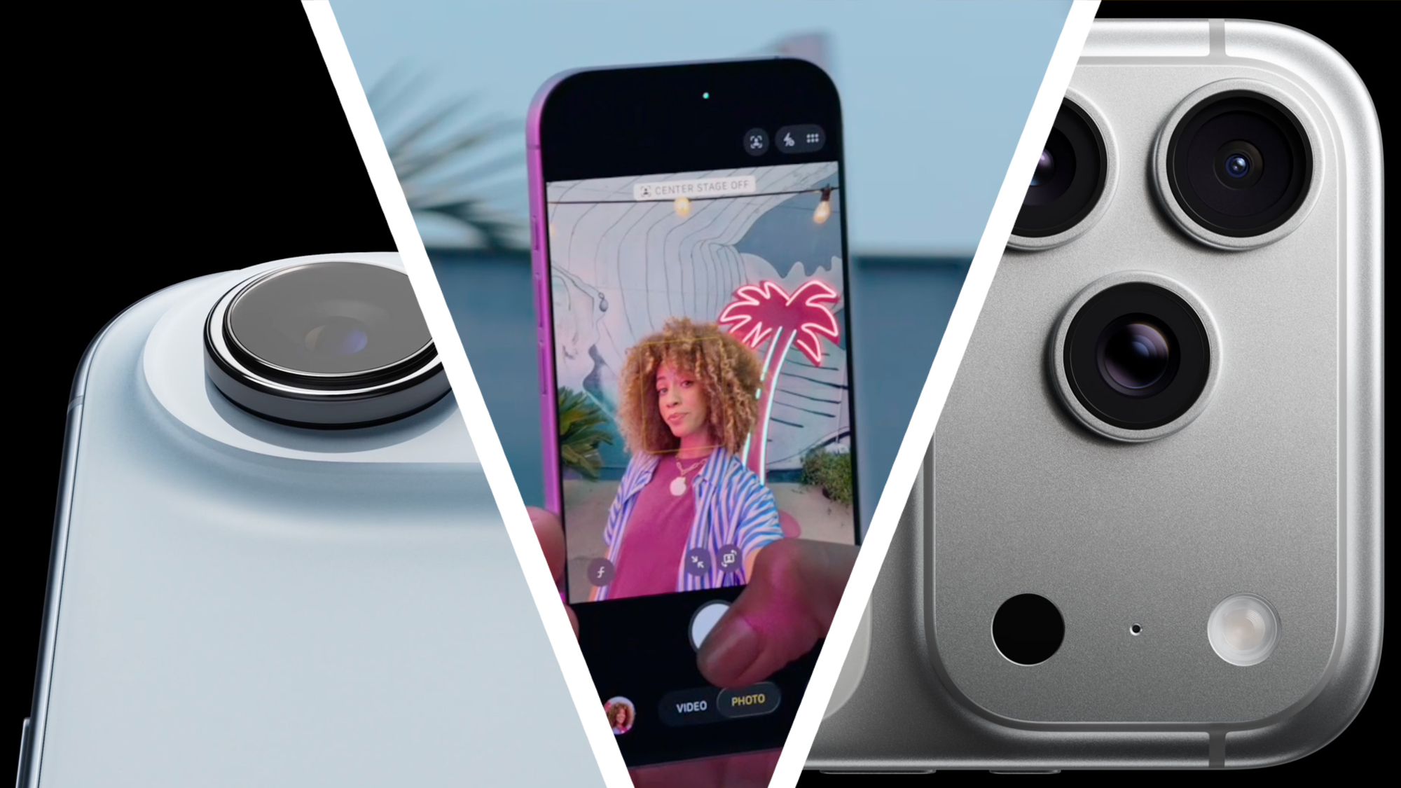 The iPhone Air next to a hand holding the iPhone 17 and taking a selfie, next to the iPhone 17 Pro cameras