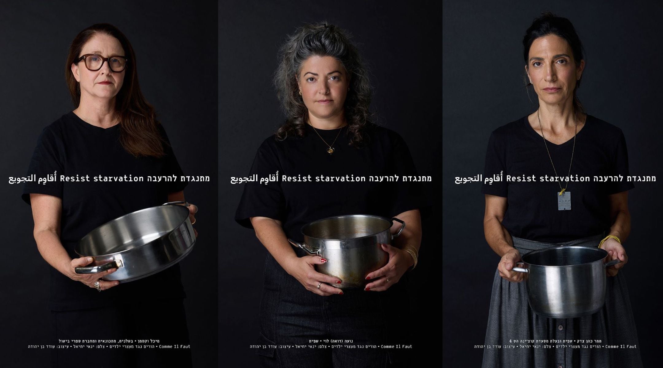 Three women pose with empty silver pots with the caption "resist starvation."