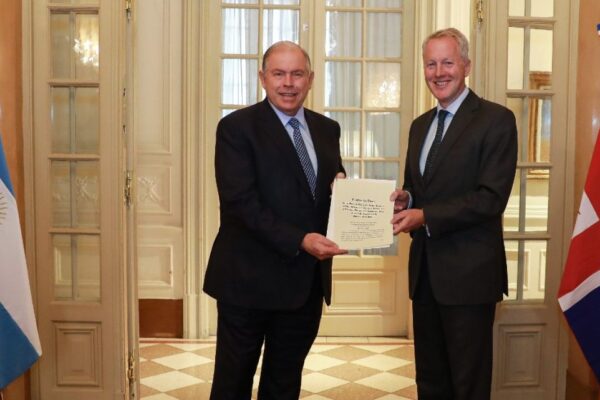 Britain's new ambassador to Argentina David Cairns meets Argentina's Foreign Minister Gerardo Werthein at the Palacio San Martín in Buenos Aires.