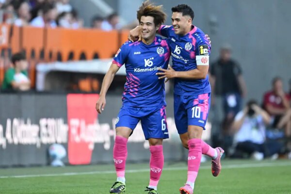 Mainz celebrate 'Iron Man' Kaishu Sano's Bundesliga scoring debut