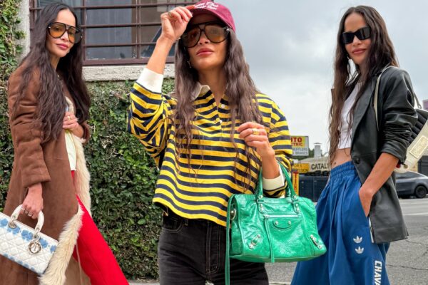 Sophie Lopez wearing a brown coat, red pants and a dior bag; Sophie Lopez wearing a striped miu miu shirt, black pants, and a balenciaga bag; Sophie Lopez wearing a leather jacket, white shirt, dior bag, and blue pants