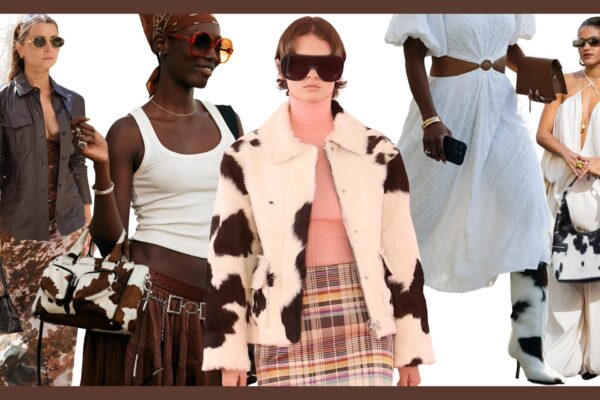 women wearing cow print bags, jackets, boots