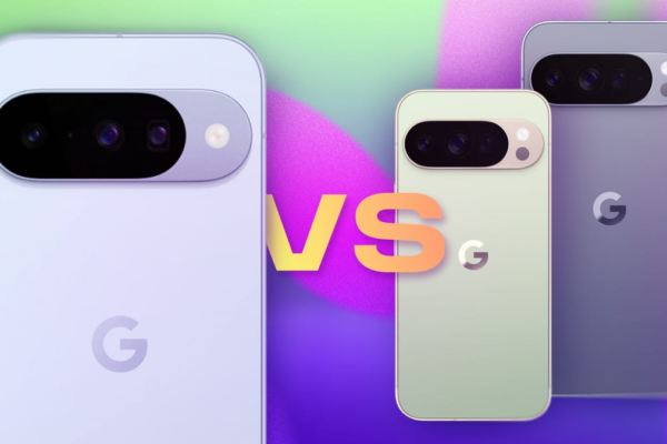 Three Pixel 10 phones with the phrase "vs" between them on a colorful background.