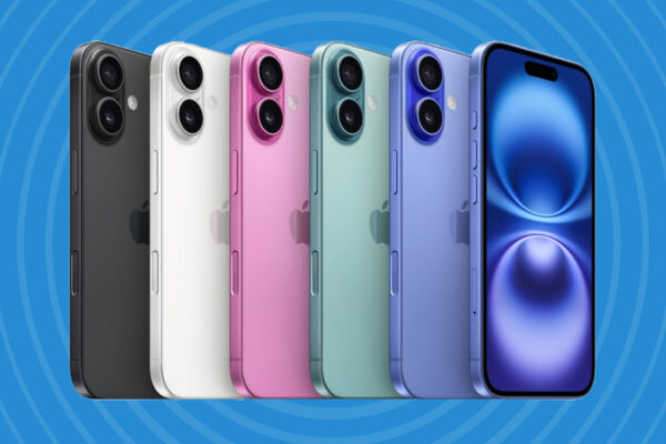 The iPhone 16 in all of its colors - black, white, pink, teal, and blue