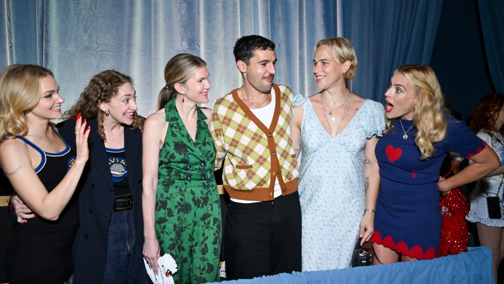 Madeline Brewer, Micaela Diamond, Lily Rabe, Christopher Abbott, Tommy Dorfman, and Busy Philipps front row at the Susan Alexandra x Rachel Antonoff Dog Show 2026.