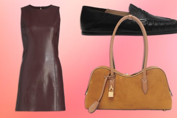 a leather dress, loafers, and suede handbag arranged over a gradient pink background