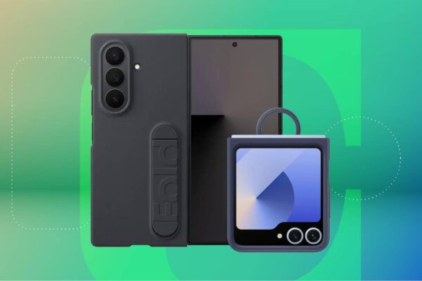 Two foldable phones with cases against a green gradient CNET background.