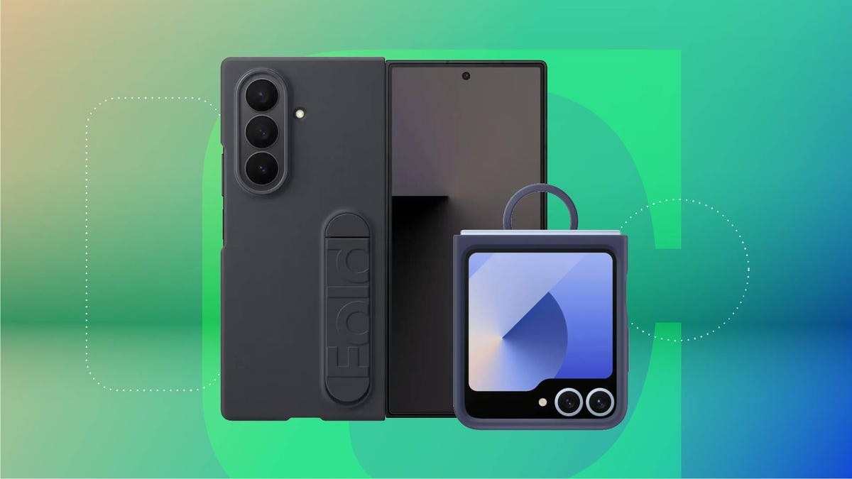 Two foldable phones with cases against a green gradient CNET background.