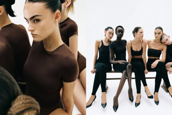 models wearing new pieces from skims soft smoothing seamless collection in brown