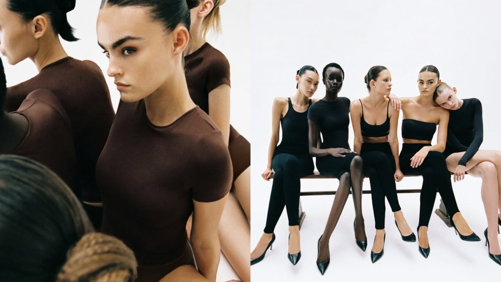 models wearing new pieces from skims soft smoothing seamless collection in brown