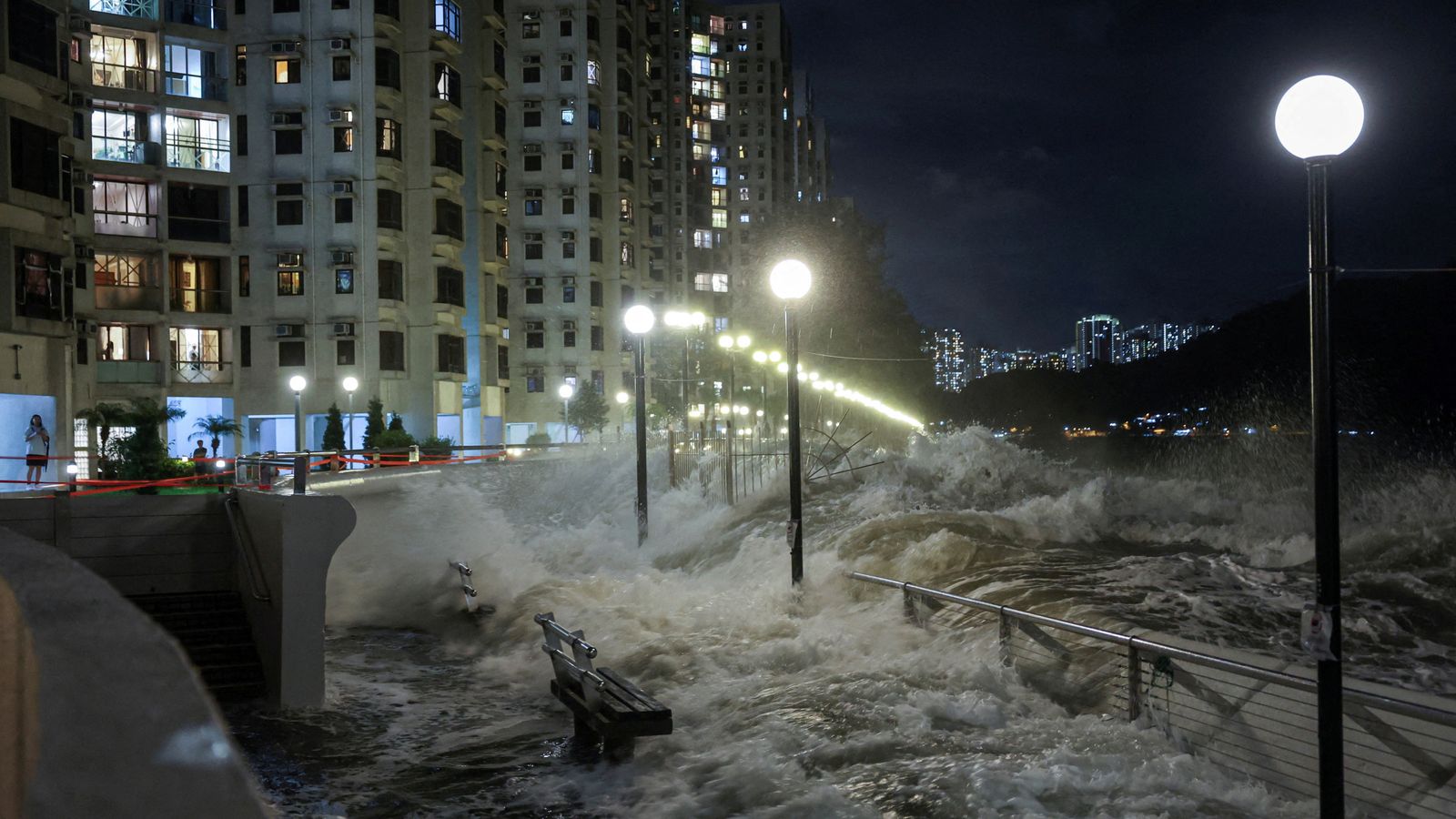 Waves from Super Typhoon Ragasa crash on to the shore in Hong Kong. Pic: Reuters