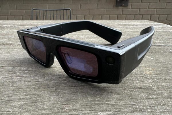 A bulky pair of AR glasses made by Snap on a table