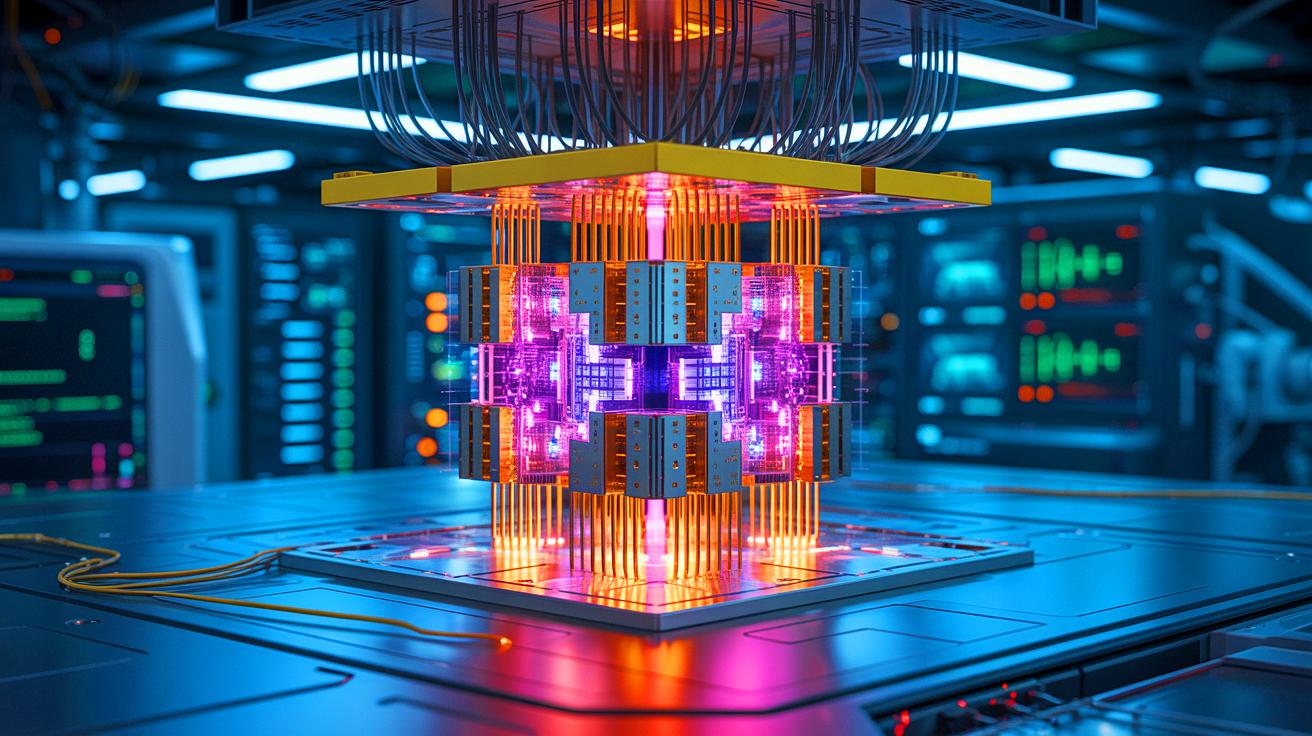 Illustration of China's Zuchongzhi 3.0 quantum processor showcasing its advanced qubit configuration and technological prowess.