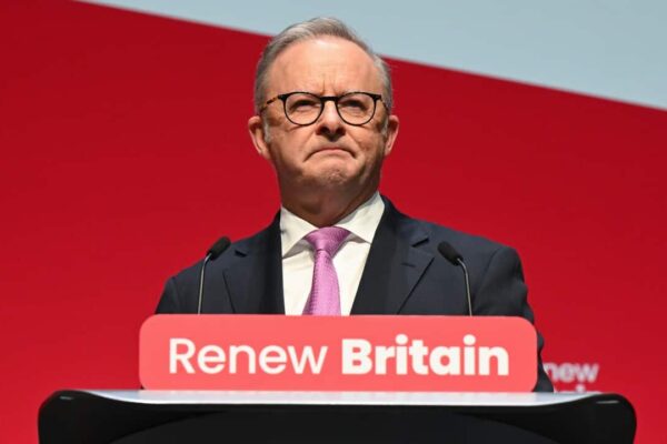 Australian Prime Minister Anthony Albanese delivers a speech at the UK Labour Annual Conference in Liverpool