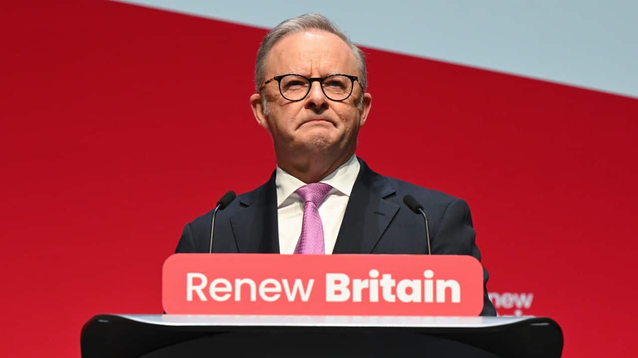Australian Prime Minister Anthony Albanese delivers a speech at the UK Labour Annual Conference in Liverpool