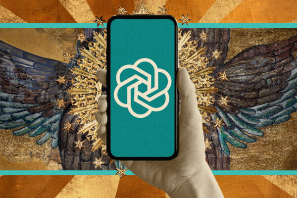 Photo collage of a hand holding a phone with the OpenAI logo on the screen, surrounded by gilding and Christian religious iconography