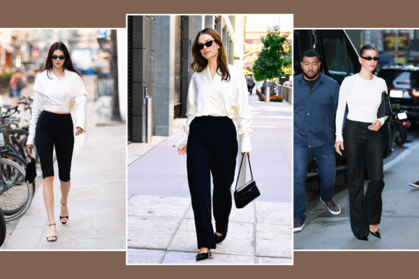 A collage of celebrities wearing the white top and black trouser outfit combination.