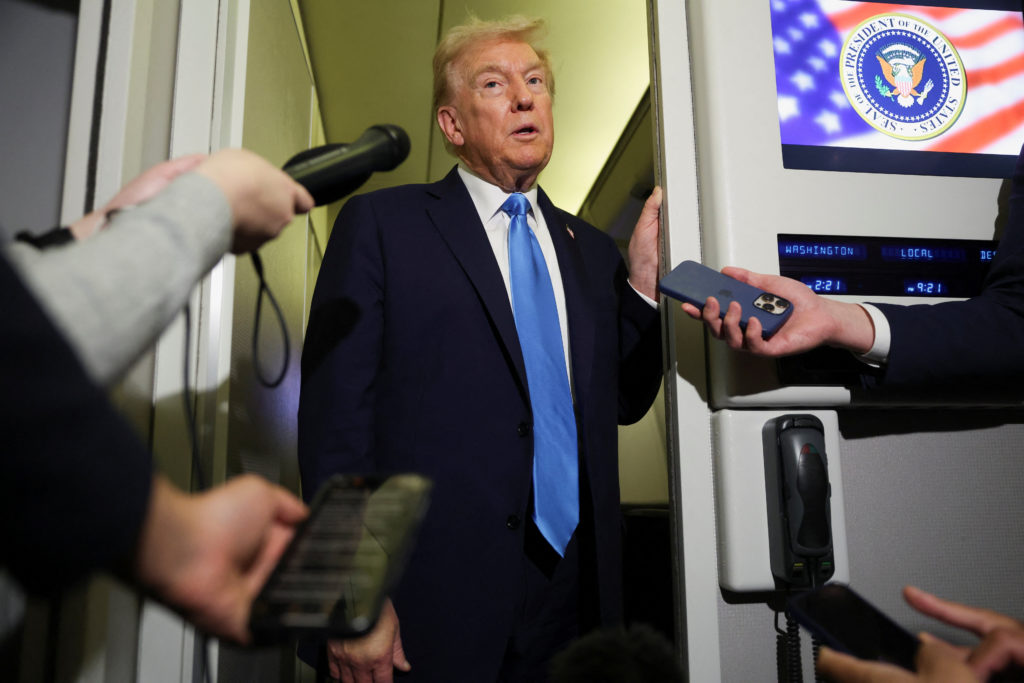 U.S. PresidentTrump speaks to the media aboard AF1 ahead of his arrival in Malaysia