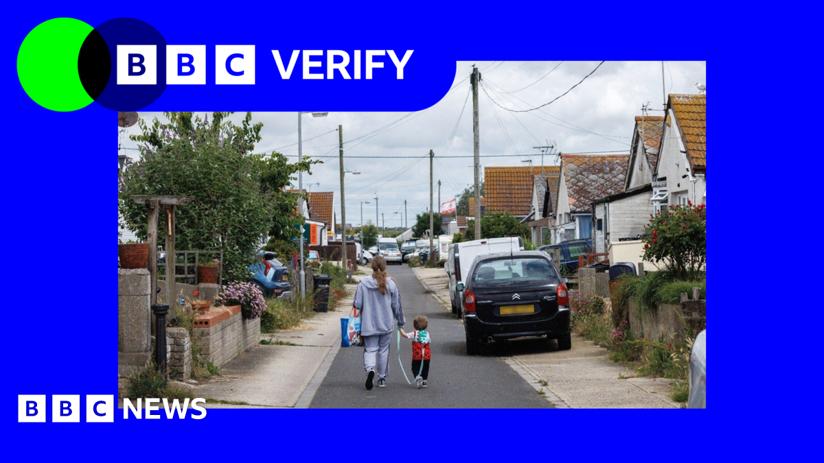 A photo of a woman and a young child walking down a residential street with cars parked on the pavement on either side. The street is lined with houses and overlooked by low telephone lines. The sky above is grey. The photo has a blue border with a green and blue BBC Verify logo in the top left corner.