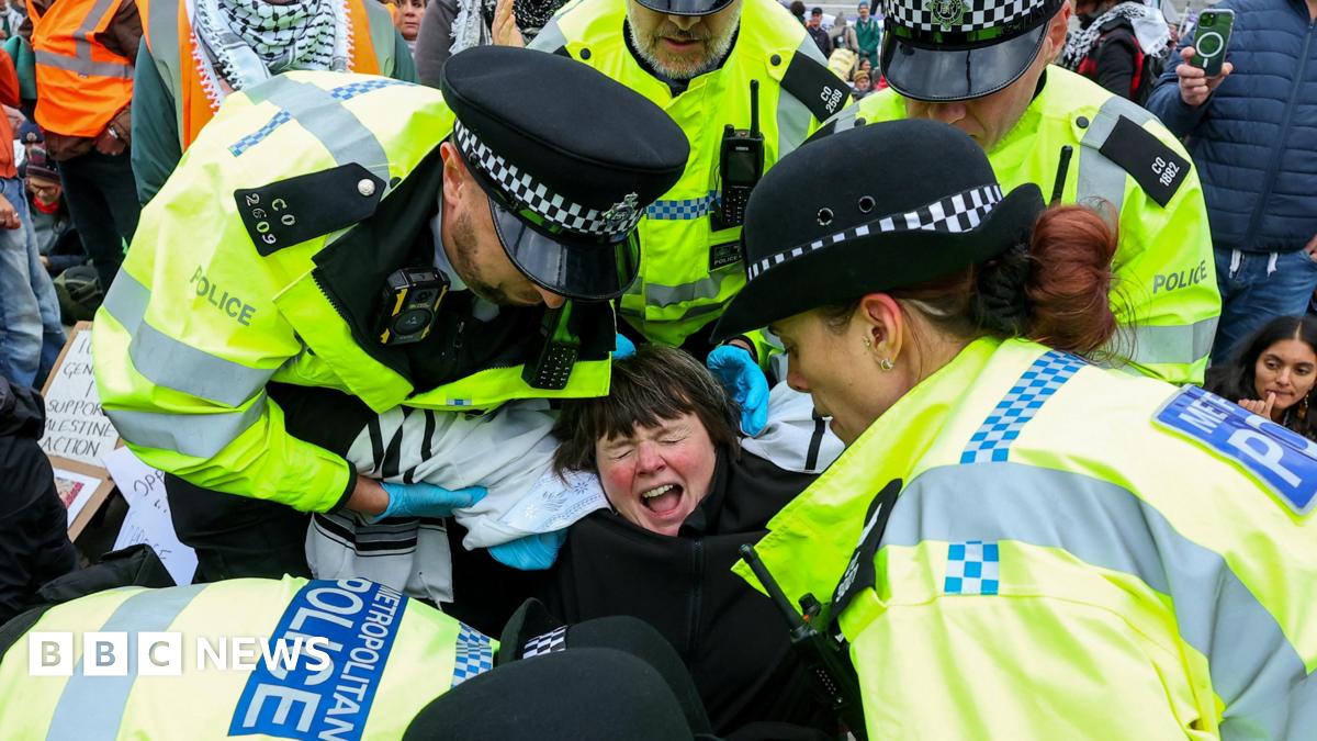 Three male police officers detain a female protester, who is holding a paper sign appearing to mention Palestine, during a rally challenging the UK government's proscription of "Palestine Action" under anti-terrorism law. In the background there are grand buildings a Palestine flag and a poster mentioning genocide