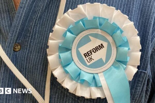 A close-up picture of a Reform UK rosette on a blue denim shirt.