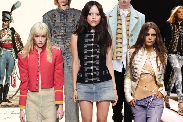 a collage of women's military jackets, including a Hussar soldier, Jenna Ortega, model for Balmain Spring 2009, and models for Ann Demeulemeester, Dior Men's, Vaquera, and McQueen Spring 2026