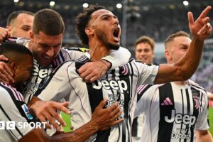 Lloyd Kelly celebrates after scoring for Juventus against Inter Milan at Allianz Stadium on September 13, 2025
