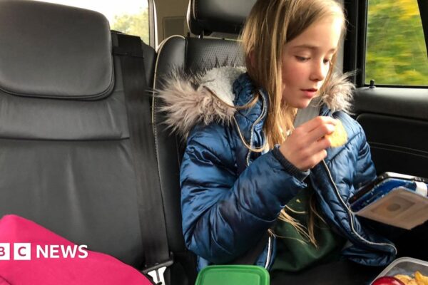 A child sits in the back on a car looking at a hand held electronic device and eating a snack from their lunch box. She is wearing a school uniform and winter coat