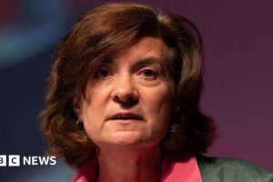 Eluned Morgan looks out to the audience during her speech at the 2025 Welsh Labour party conference. It is a close up image. She has short brown hair and is wearing a grey suit with a pink shirt.