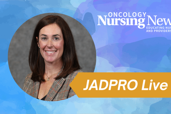 Graphic featuring a woman with shoulder-length hair highlighted in an Oncology Nursing News-branded background