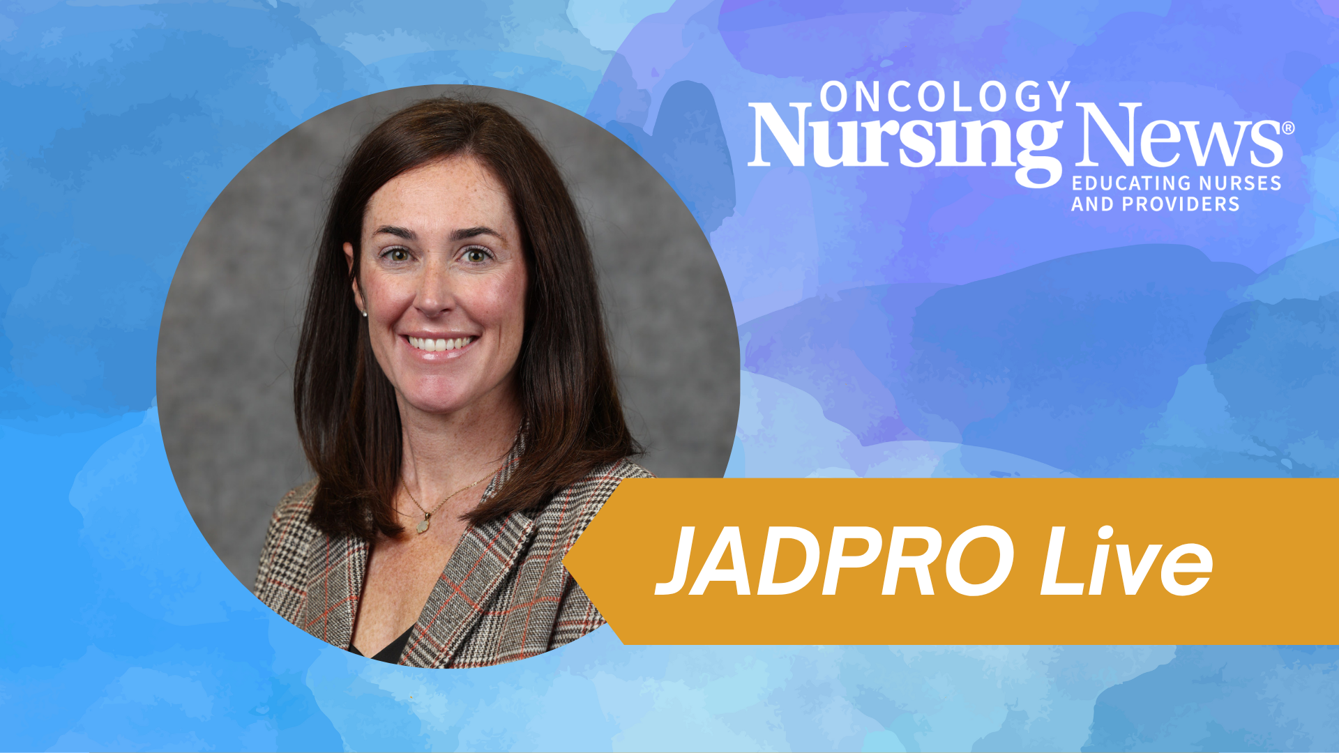 Graphic featuring a woman with shoulder-length hair highlighted in an Oncology Nursing News-branded background