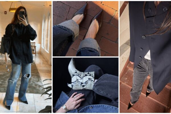 Split image of rachel whitehouse wearing jeans, heels, jackets, boots