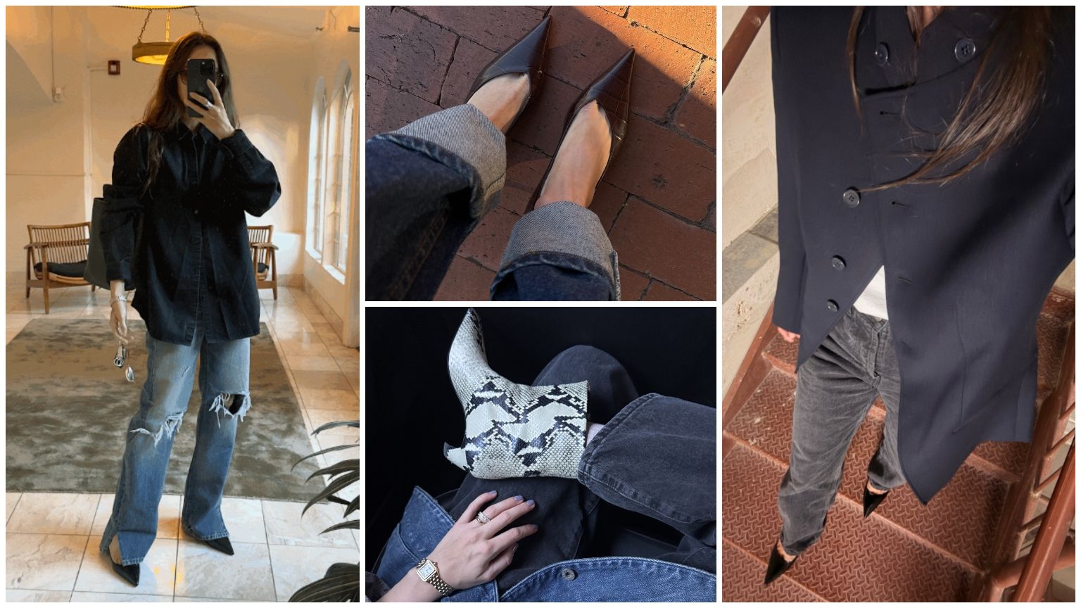 Split image of rachel whitehouse wearing jeans, heels, jackets, boots
