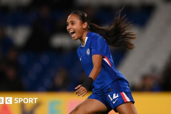 Alyssa Thompson celebrates after scoring against Paris FC in the Women's Champions League