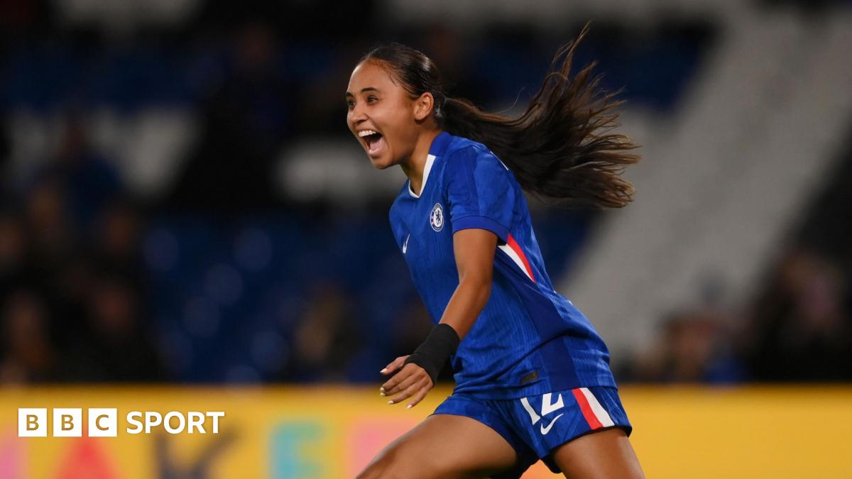 Alyssa Thompson celebrates after scoring against Paris FC in the Women's Champions League
