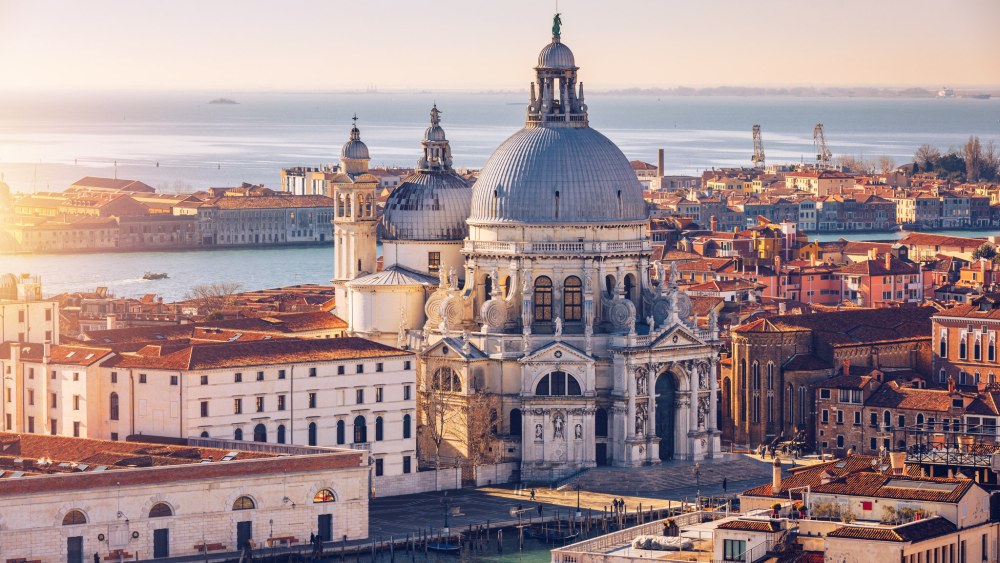 Aerial View of the Grand Canal and Basilica Santa Maria della Salute, Venice, Italy. Venice is a popular tourist destination of Europe. Venice, Italy.