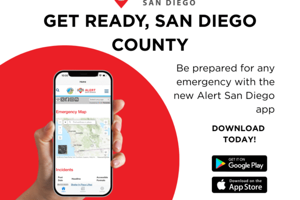 A graphic of a hand holding a phone with more information about the Alert San Diego app.