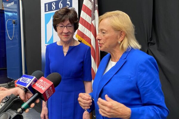 Sen. Susan Collins, left, and Gov. Janet Mills, speak to reporters in this 2023 file photo taken at the University of Maine. (Spectrum News/file photo)