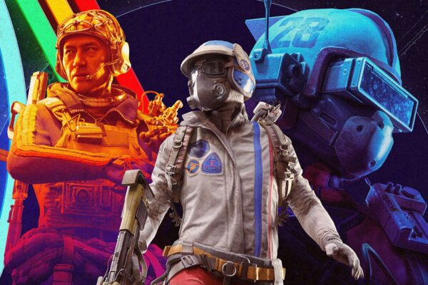 Arc Raiders Server Slam open beta: Key art for the game showing a character wearing makeshift armour and helmet, walking forward with a gun by their side. There are two more characters in the background overlayed by an orange and blue hue on the left and right respectively.