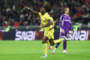 MILAN, ITALY - OCTOBER 19: Rafael Leao of AC Milan celebrates scoring his team