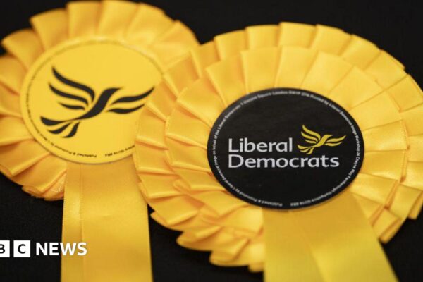 Liberal Democrats logos displayed on rosettes