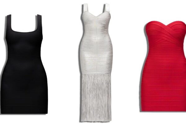 three Hervé Léger bandage dresses in black, silver, and red, over a white background